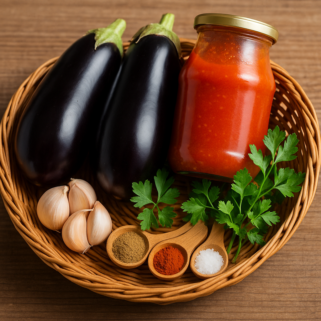 Ingrédients frais pour une recette marocaine à base d'aubergine